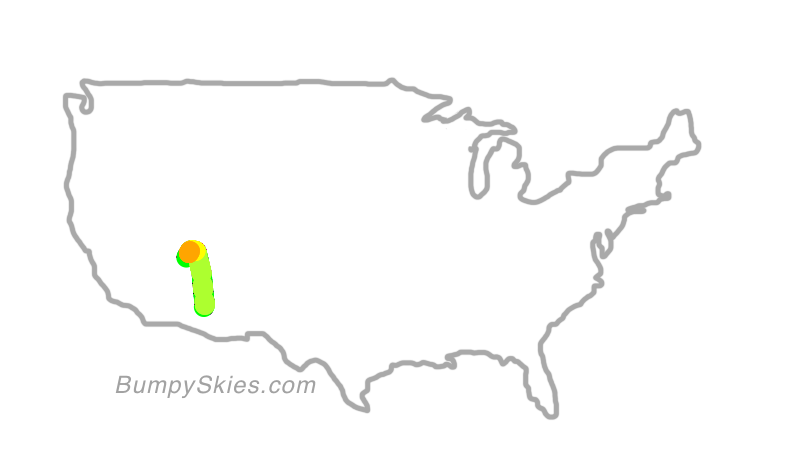 Map of continental US with illustrated flight path and turbulence forecast (described in text below)