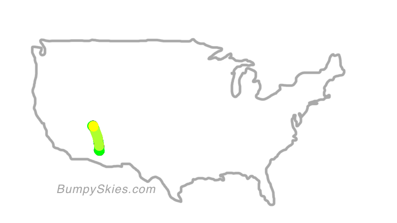 Map of continental US with illustrated flight path and turbulence forecast (described in text below)