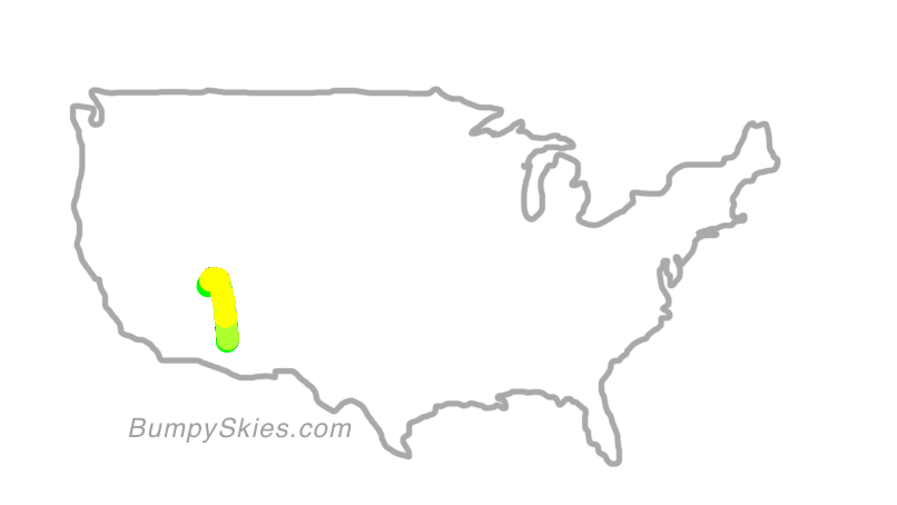 Map of continental US with illustrated flight path and turbulence forecast (described in text below)