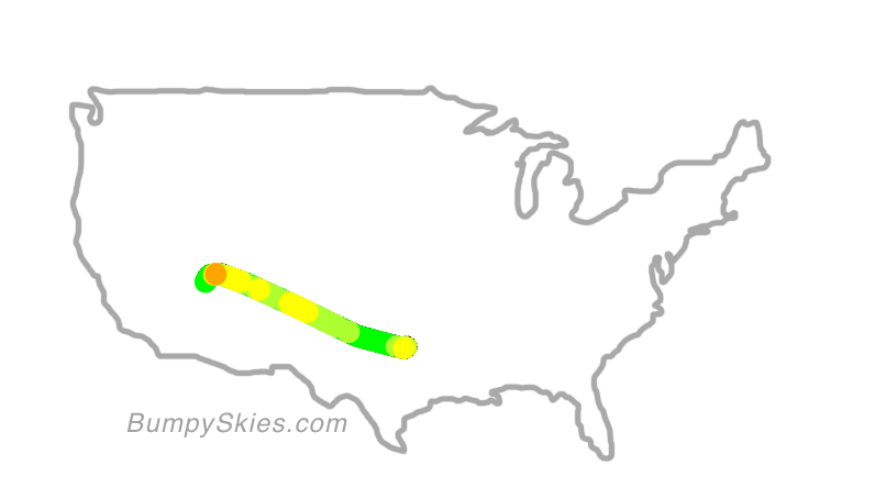 Map of continental US with illustrated flight path and turbulence forecast (described in text below)
