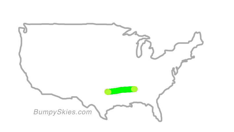 Map of continental US with illustrated flight path and turbulence forecast (described in text below)