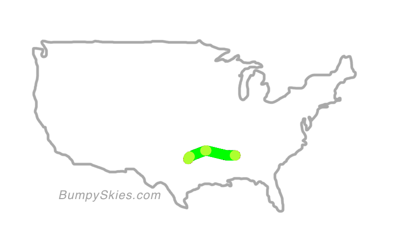 Map of continental US with illustrated flight path and turbulence forecast (described in text below)