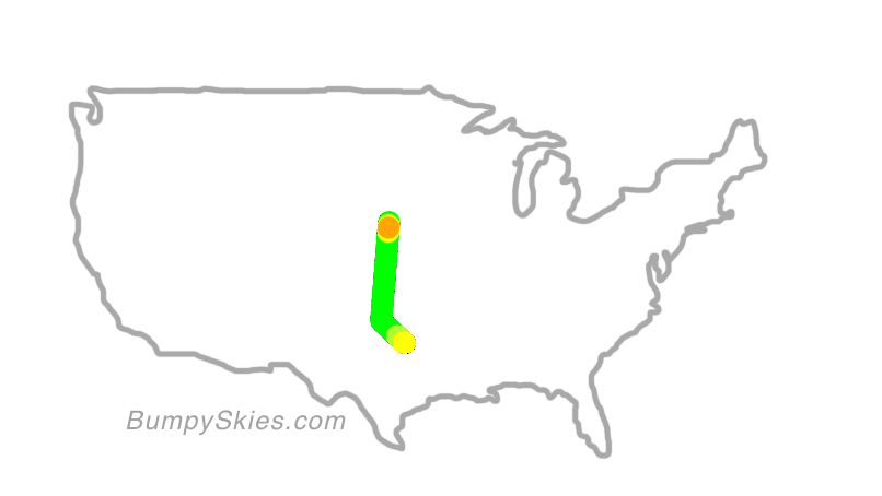 Map of continental US with illustrated flight path and turbulence forecast (described in text below)
