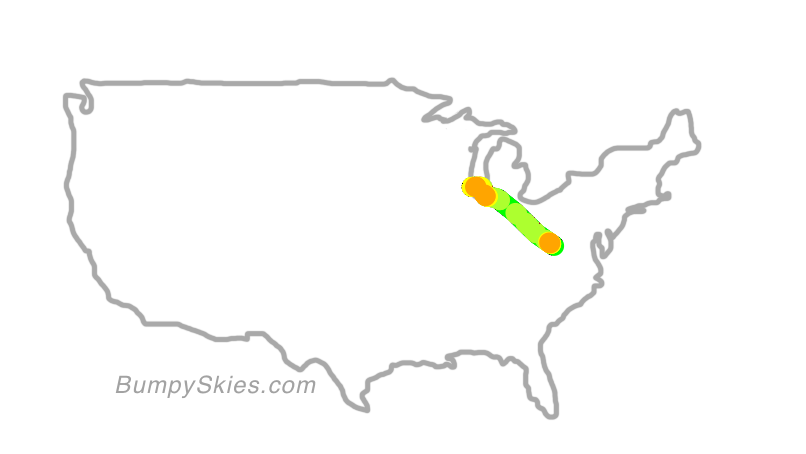 Map of continental US with illustrated flight path and turbulence forecast (described in text below)