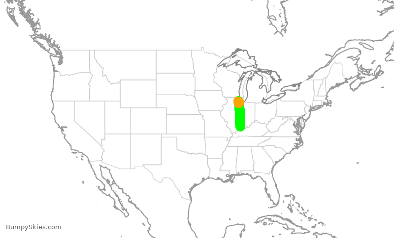 Turbulence forecast map for SKW4889, ORD to EVV