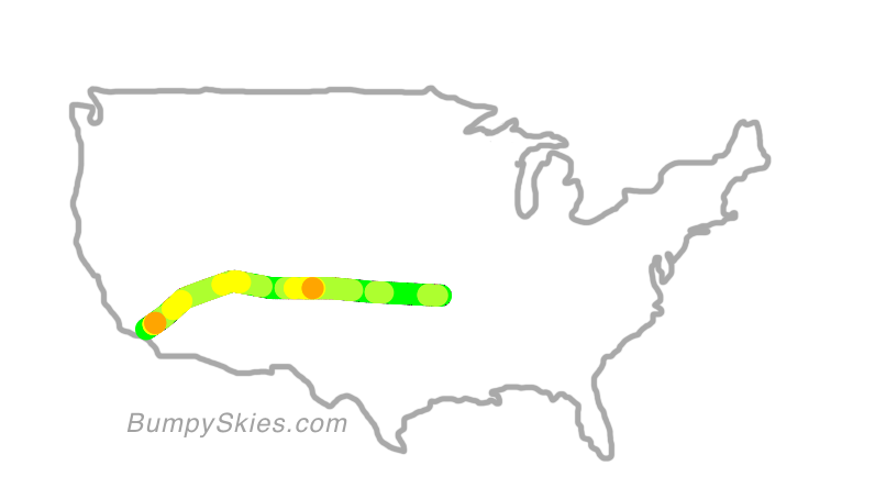 Map of continental US with illustrated flight path and turbulence forecast (described in text below)