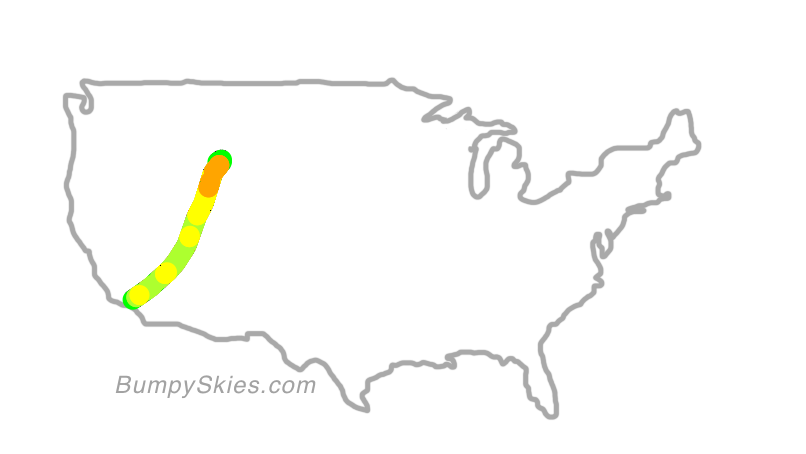 Map of continental US with illustrated flight path and turbulence forecast (described in text below)