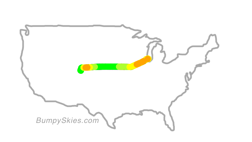 Map of continental US with illustrated flight path and turbulence forecast (described in text below)