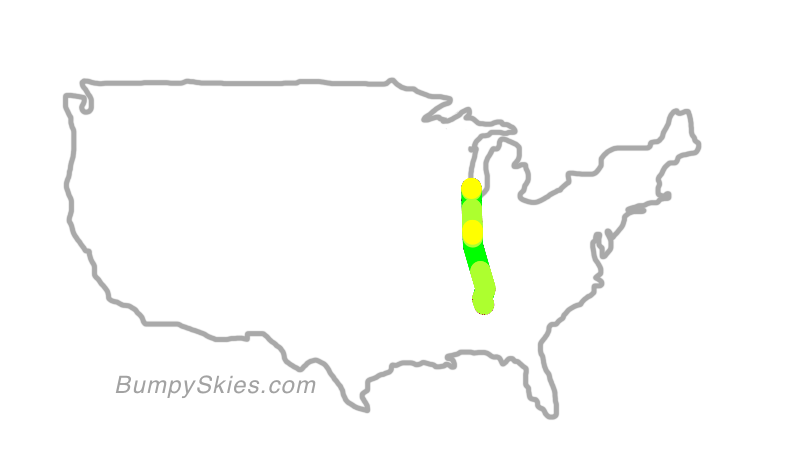 Map of continental US with illustrated flight path and turbulence forecast (described in text below)