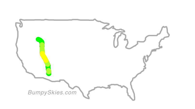 Map of continental US with illustrated flight path and turbulence forecast (described in text below)