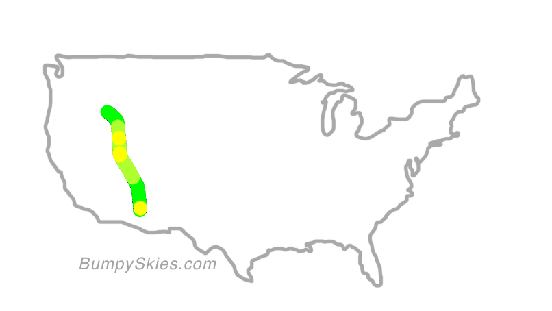 Map of continental US with illustrated flight path and turbulence forecast (described in text below)