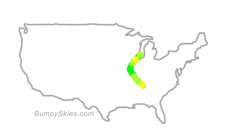 Map of continental US with illustrated flight path and turbulence forecast (described in text below)