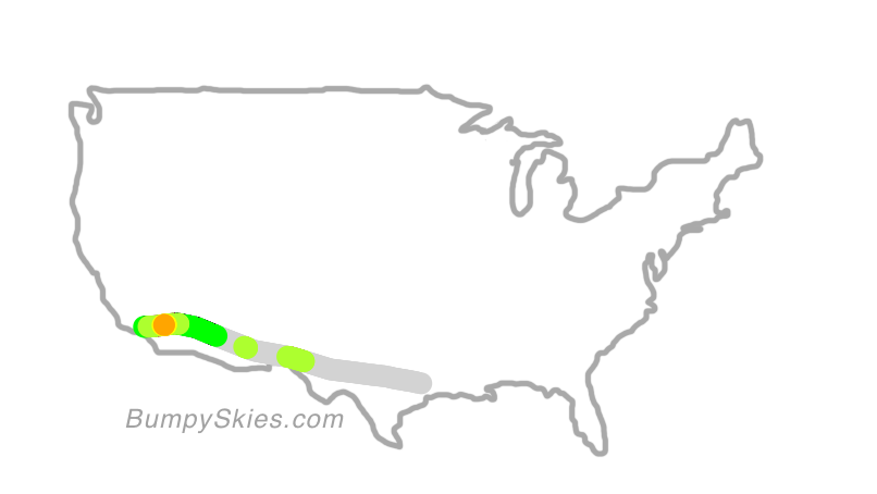 Map of continental US with illustrated flight path and turbulence forecast (described in text below)