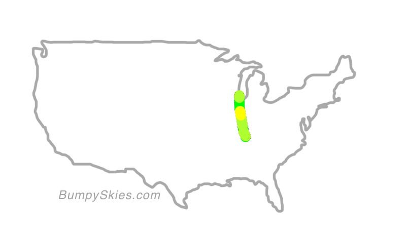 Map of continental US with illustrated flight path and turbulence forecast (described in text below)