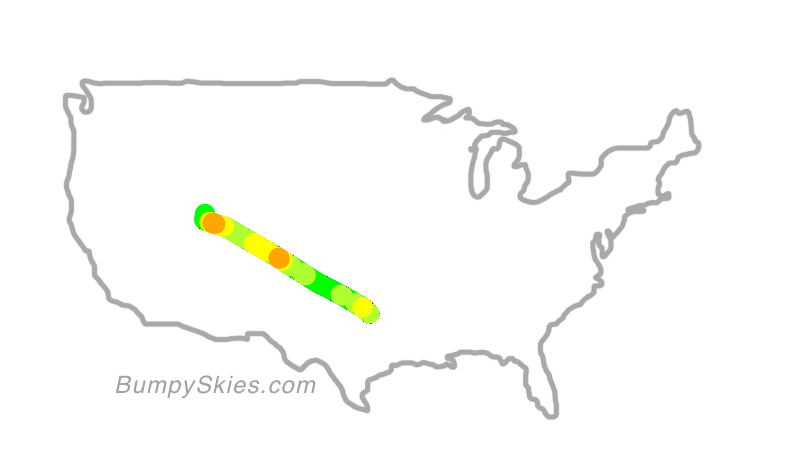 Map of continental US with illustrated flight path and turbulence forecast (described in text below)