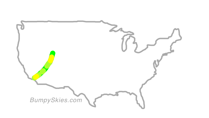 Map of continental US with illustrated flight path and turbulence forecast (described in text below)