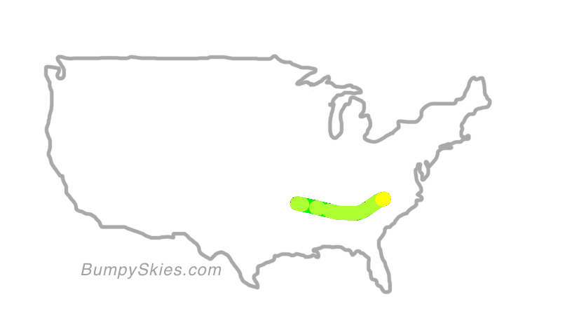 Map of continental US with illustrated flight path and turbulence forecast (described in text below)