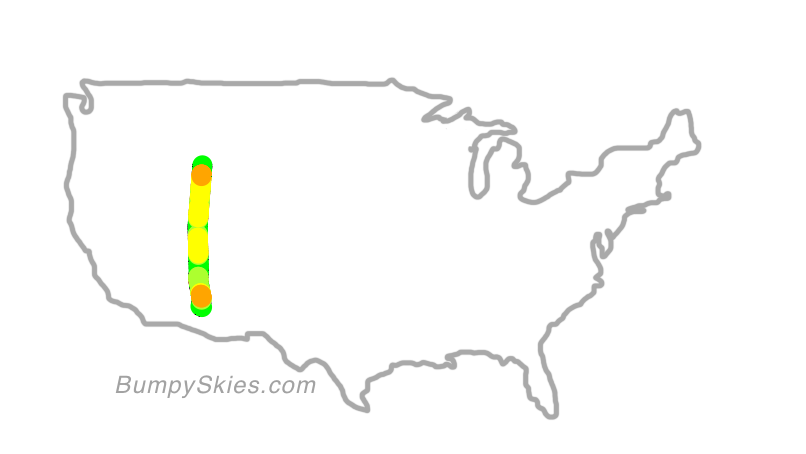 Map of continental US with illustrated flight path and turbulence forecast (described in text below)
