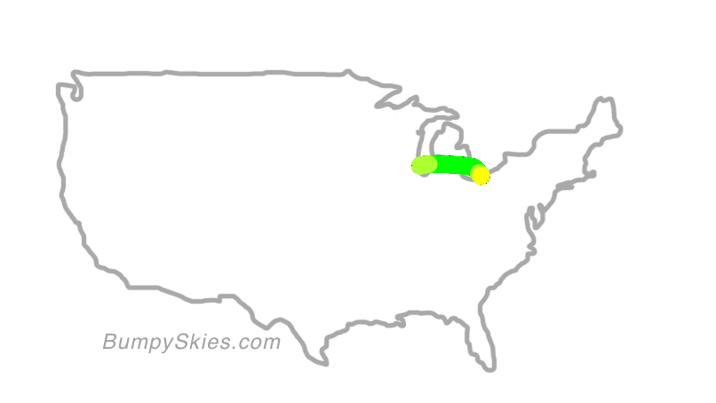 Map of continental US with illustrated flight path and turbulence forecast (described in text below)