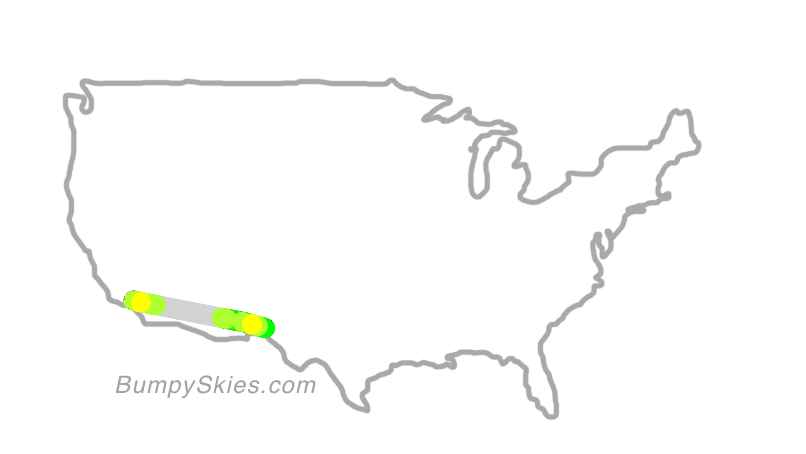 Map of continental US with illustrated flight path and turbulence forecast (described in text below)