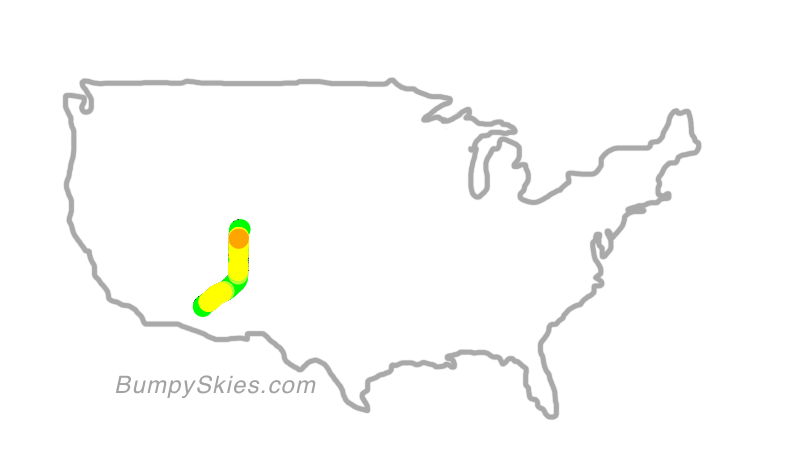Map of continental US with illustrated flight path and turbulence forecast (described in text below)