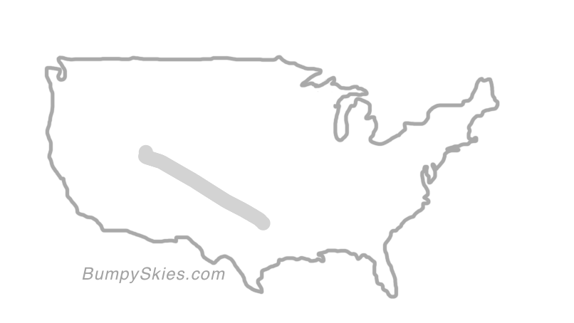 Map of continental US with illustrated flight path and turbulence forecast (described in text below)