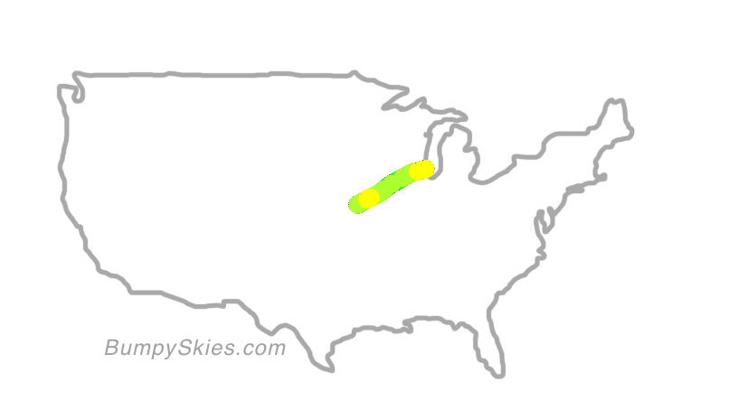 Map of continental US with illustrated flight path and turbulence forecast (described in text below)
