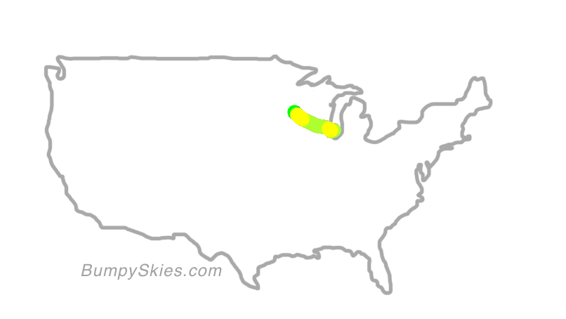 Map of continental US with illustrated flight path and turbulence forecast (described in text below)
