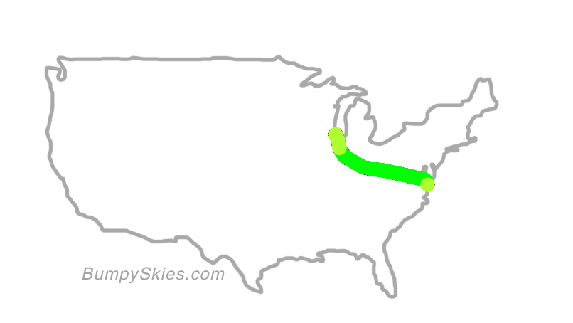 Map of continental US with illustrated flight path and turbulence forecast (described in text below)