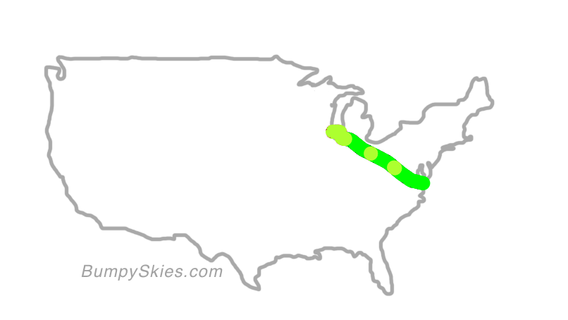 Map of continental US with illustrated flight path and turbulence forecast (described in text below)