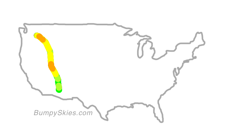 Map of continental US with illustrated flight path and turbulence forecast (described in text below)