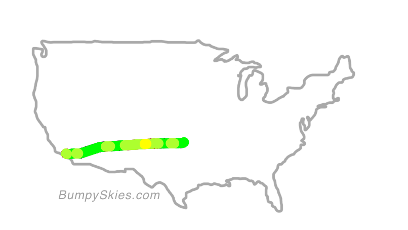 Map of continental US with illustrated flight path and turbulence forecast (described in text below)
