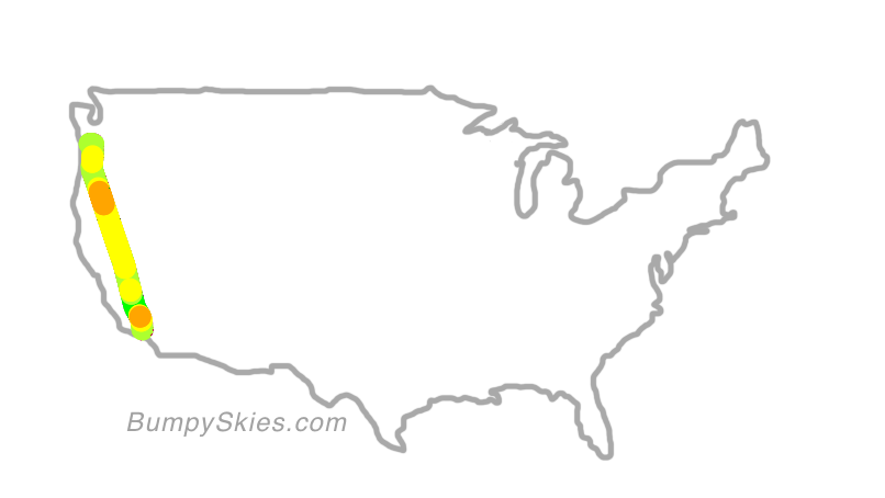 Map of continental US with illustrated flight path and turbulence forecast (described in text below)