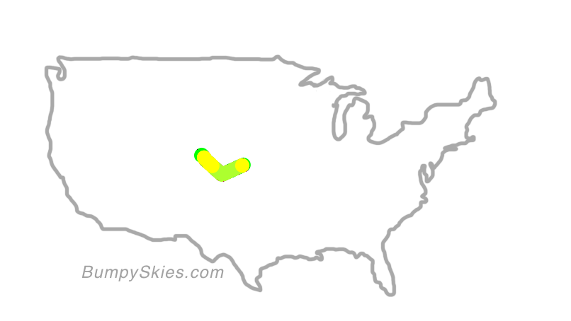Map of continental US with illustrated flight path and turbulence forecast (described in text below)