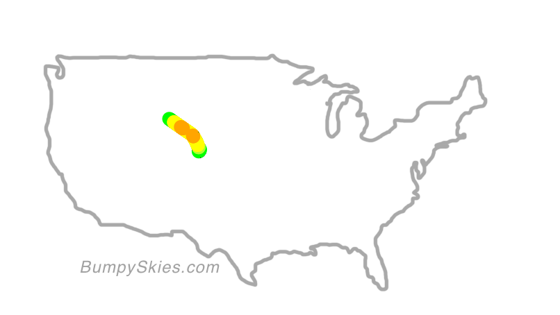 Map of continental US with illustrated flight path and turbulence forecast (described in text below)