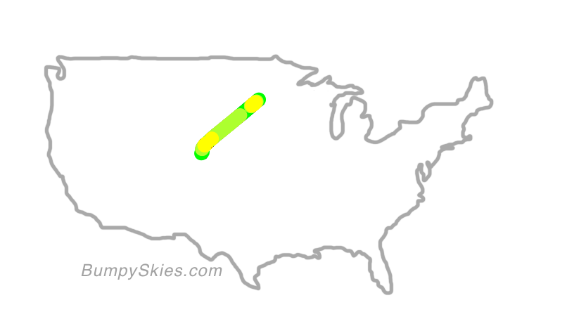 Map of continental US with illustrated flight path and turbulence forecast (described in text below)
