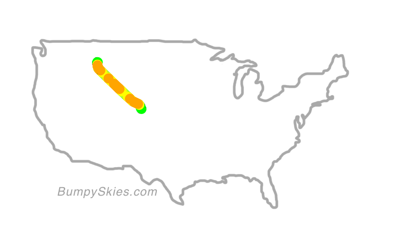 Map of continental US with illustrated flight path and turbulence forecast (described in text below)