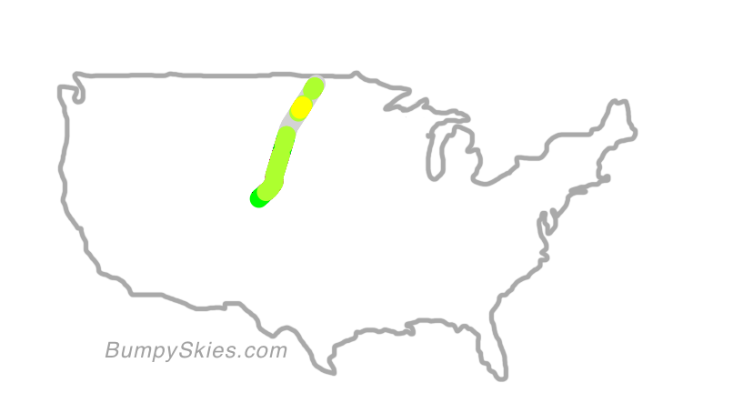 Map of continental US with illustrated flight path and turbulence forecast (described in text below)