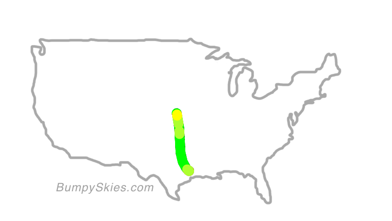 Map of continental US with illustrated flight path and turbulence forecast (described in text below)