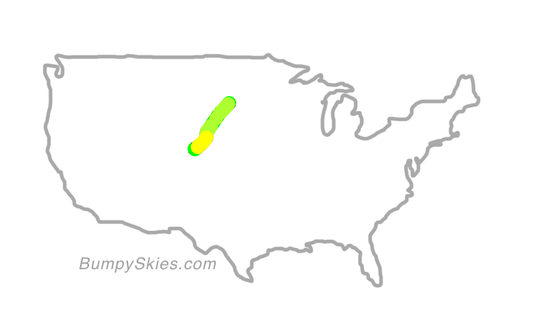 Map of continental US with illustrated flight path and turbulence forecast (described in text below)