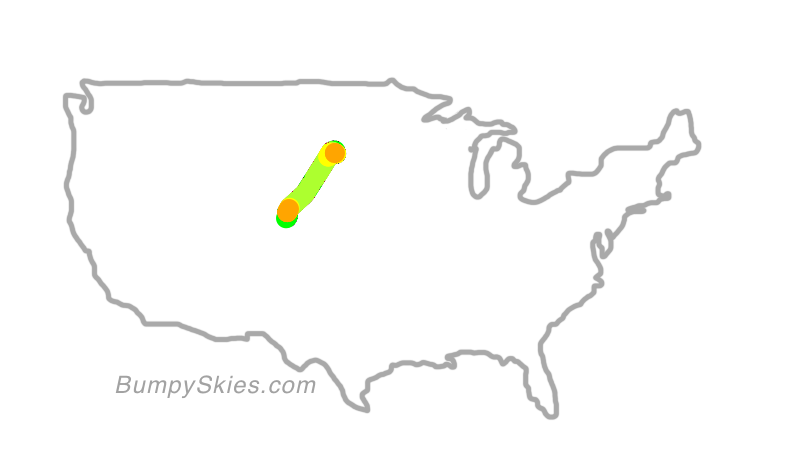 Map of continental US with illustrated flight path and turbulence forecast (described in text below)