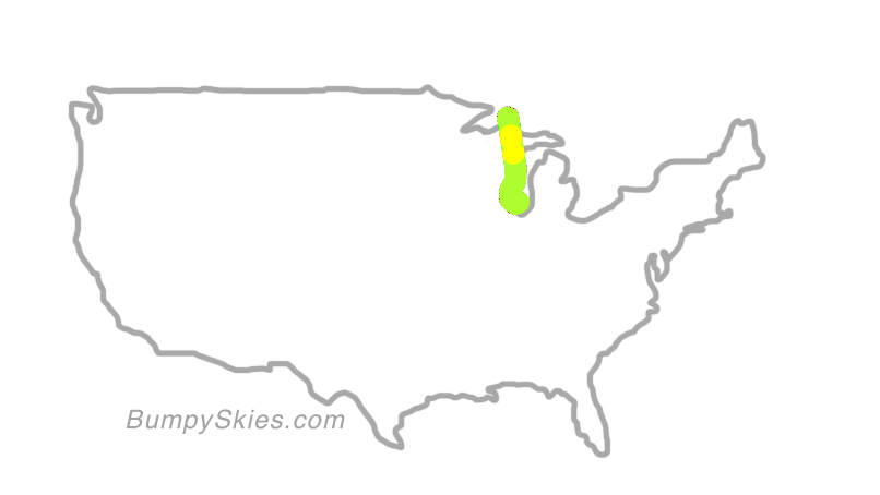 Map of continental US with illustrated flight path and turbulence forecast (described in text below)