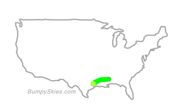 Map of continental US with illustrated flight path and turbulence forecast (described in text below)