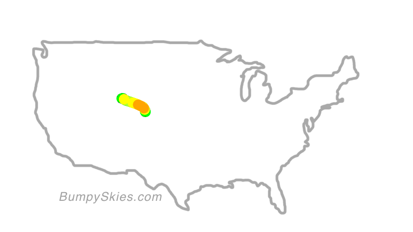 Map of continental US with illustrated flight path and turbulence forecast (described in text below)