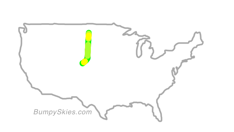 Map of continental US with illustrated flight path and turbulence forecast (described in text below)