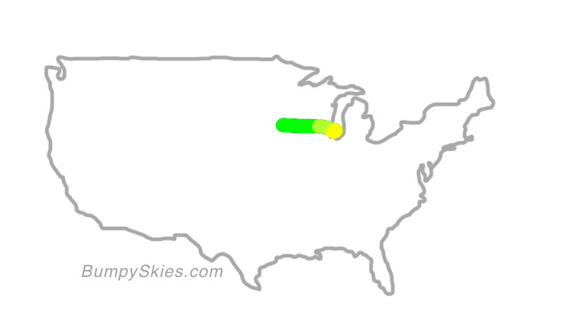 Map of continental US with illustrated flight path and turbulence forecast (described in text below)