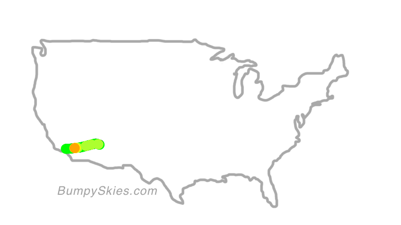 Map of continental US with illustrated flight path and turbulence forecast (described in text below)
