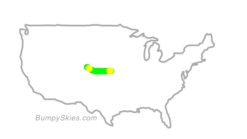 Map of continental US with illustrated flight path and turbulence forecast (described in text below)