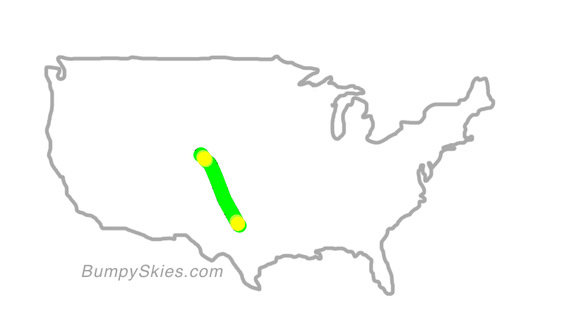 Map of continental US with illustrated flight path and turbulence forecast (described in text below)