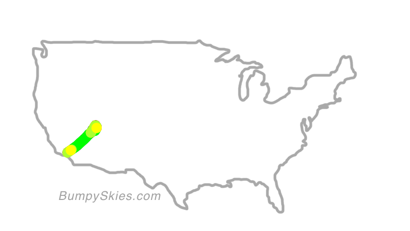 Map of continental US with illustrated flight path and turbulence forecast (described in text below)